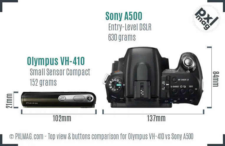 Olympus VH-410 vs Sony A500 top view buttons comparison