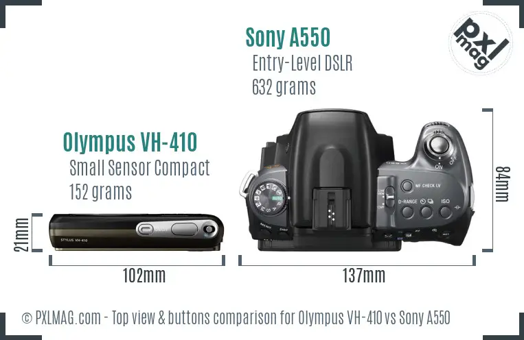 Olympus VH-410 vs Sony A550 top view buttons comparison