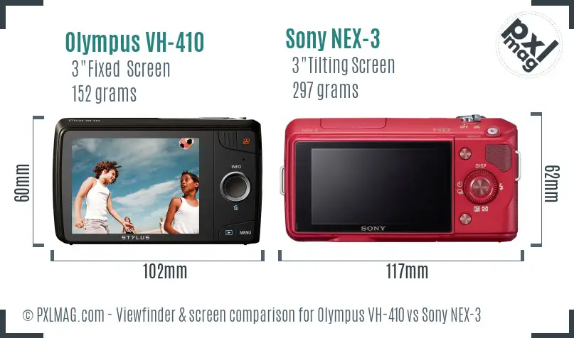 Olympus VH-410 vs Sony NEX-3 Screen and Viewfinder comparison