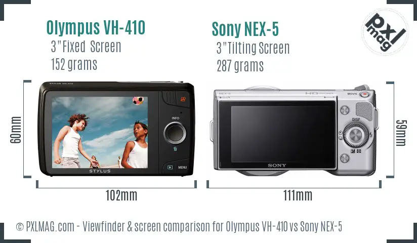 Olympus VH-410 vs Sony NEX-5 Screen and Viewfinder comparison