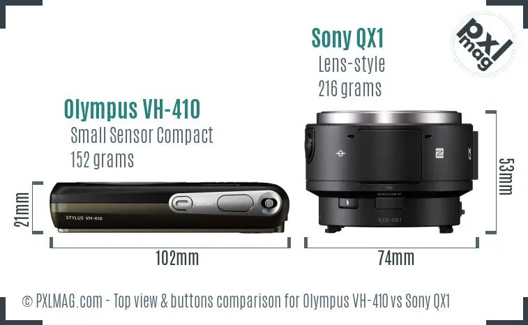 Olympus VH-410 vs Sony QX1 top view buttons comparison