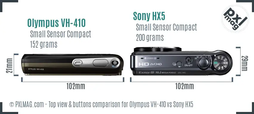 Olympus VH-410 vs Sony HX5 top view buttons comparison