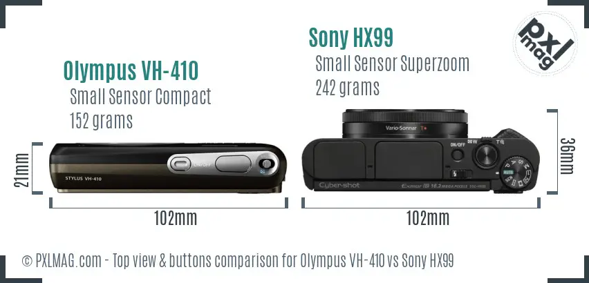 Olympus VH-410 vs Sony HX99 top view buttons comparison Olympus VH-410 vs Sony HX99 top view buttons comparison