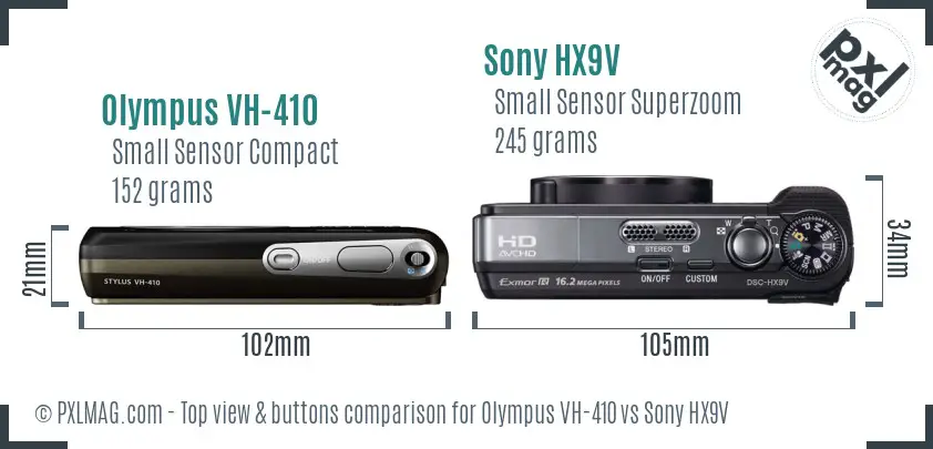 Olympus VH-410 vs Sony HX9V top view buttons comparison