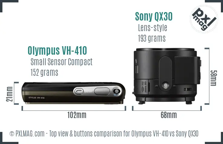 Olympus VH-410 vs Sony QX30 top view buttons comparison