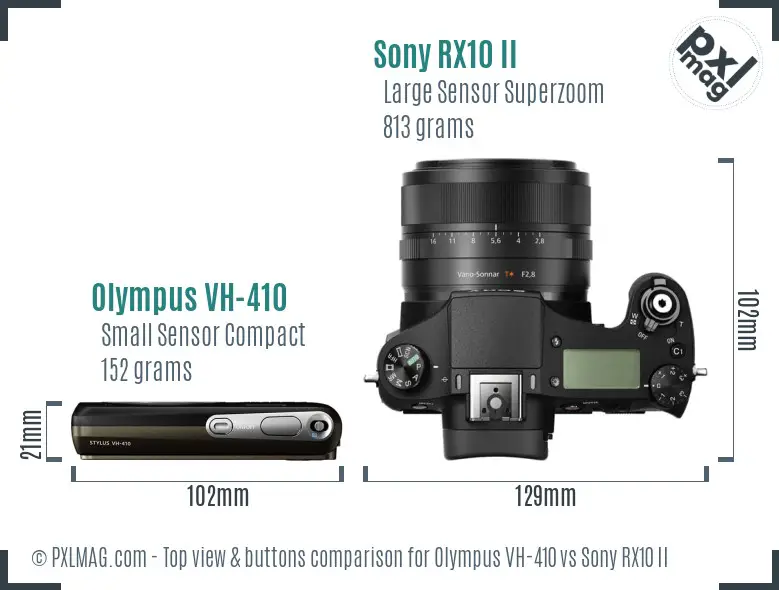 Olympus VH-410 vs Sony RX10 II top view buttons comparison