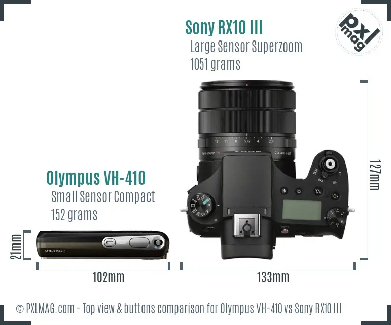 Olympus VH-410 vs Sony RX10 III top view buttons comparison
