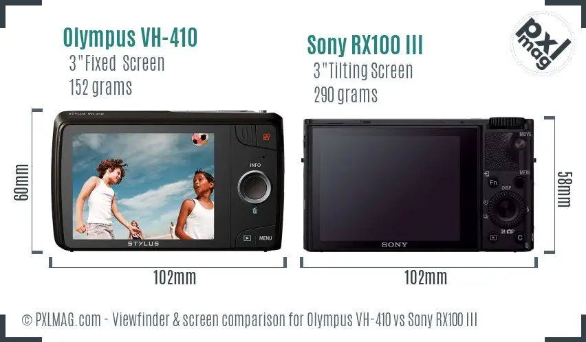 Olympus VH-410 vs Sony RX100 III Screen and Viewfinder comparison