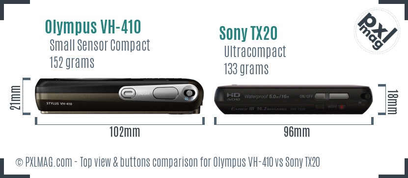Olympus VH-410 vs Sony TX20 top view buttons comparison