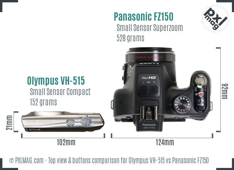 Olympus VH-515 vs Panasonic FZ150 top view buttons comparison Olympus VH-515 vs Panasonic FZ150 top view buttons comparison