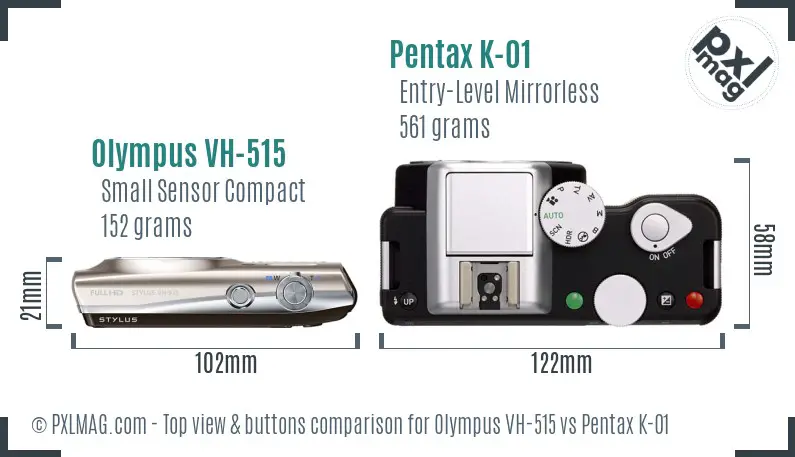 Olympus VH-515 vs Pentax K-01 top view buttons comparison