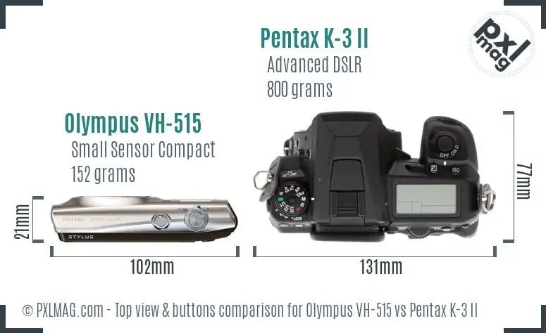 Olympus VH-515 vs Pentax K-3 II top view buttons comparison