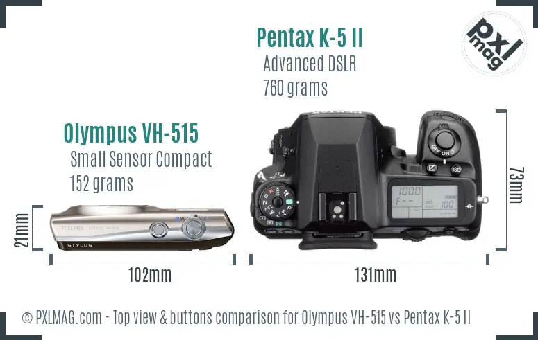Olympus VH-515 vs Pentax K-5 II top view buttons comparison