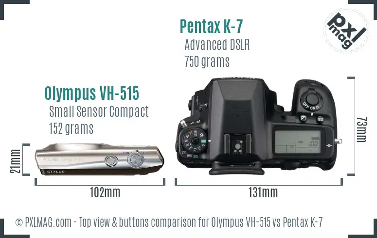 Olympus VH-515 vs Pentax K-7 top view buttons comparison