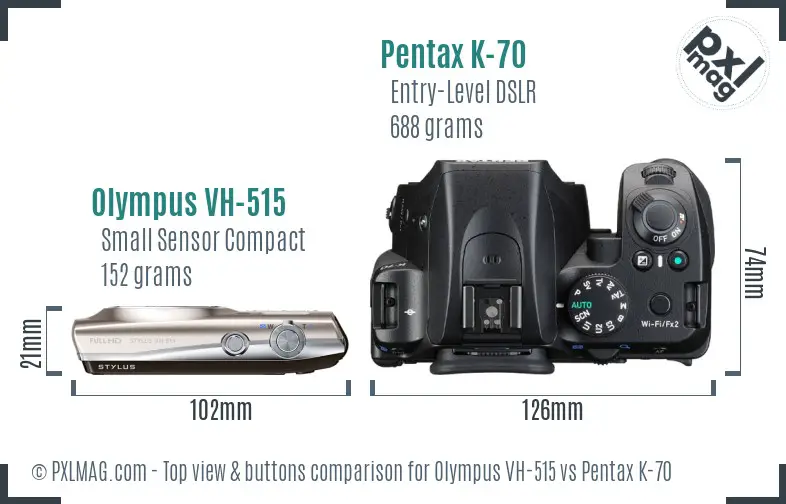 Olympus VH-515 vs Pentax K-70 top view buttons comparison