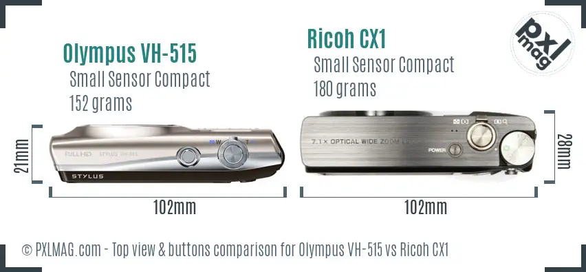 Olympus VH-515 vs Ricoh CX1 top view buttons comparison