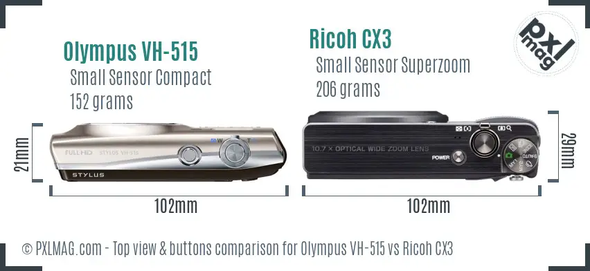 Olympus VH-515 vs Ricoh CX3 top view buttons comparison