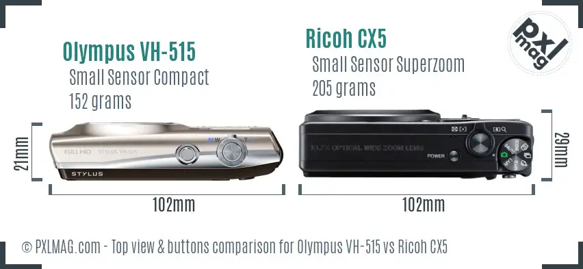 Olympus VH-515 vs Ricoh CX5 top view buttons comparison