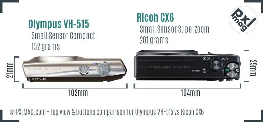 Olympus VH-515 vs Ricoh CX6 top view buttons comparison