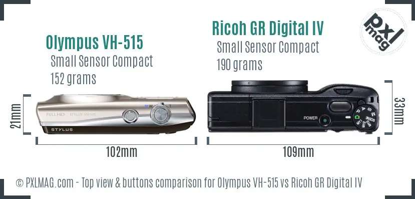 Olympus VH-515 vs Ricoh GR Digital IV top view buttons comparison