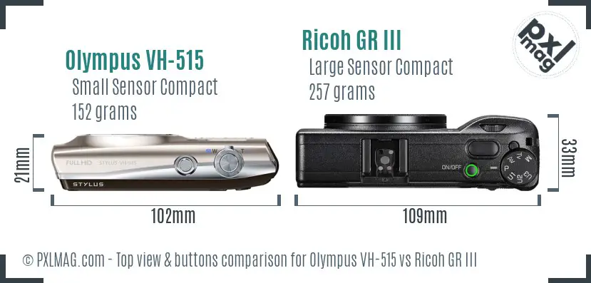 Olympus VH-515 vs Ricoh GR III top view buttons comparison Olympus VH-515 vs Ricoh GR III top view buttons comparison