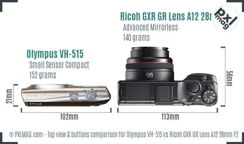 Olympus VH-515 vs Ricoh GXR GR Lens A12 28mm F2.5 top view buttons comparison Olympus VH-515 vs Ricoh GXR GR Lens A12 28mm F2.5 top view buttons comparison