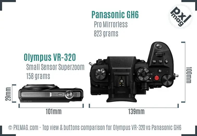 Olympus VR-320 vs Panasonic GH6 top view buttons comparison