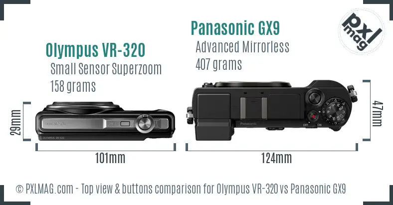 Olympus VR-320 vs Panasonic GX9 top view buttons comparison