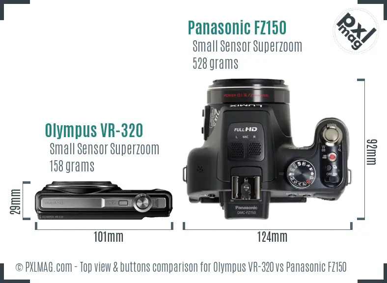 Olympus VR-320 vs Panasonic FZ150 top view buttons comparison