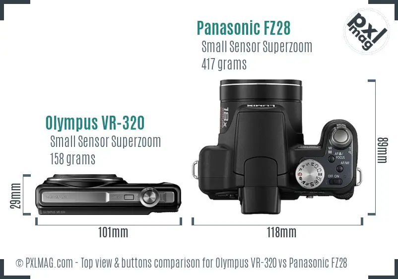 Olympus VR-320 vs Panasonic FZ28 top view buttons comparison