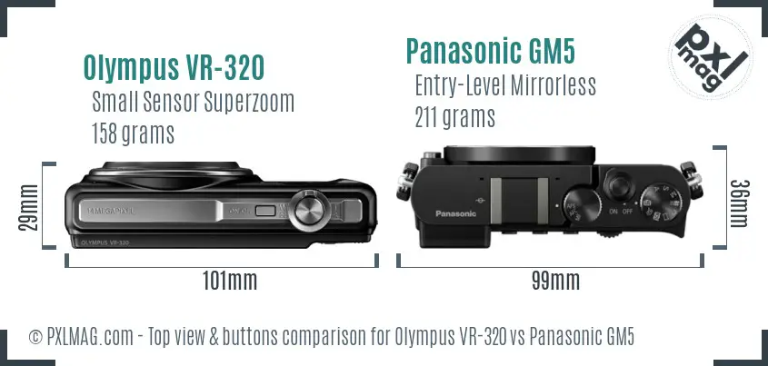 Olympus VR-320 vs Panasonic GM5 top view buttons comparison Olympus VR-320 vs Panasonic GM5 top view buttons comparison