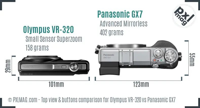 Olympus VR-320 vs Panasonic GX7 top view buttons comparison Olympus VR-320 vs Panasonic GX7 top view buttons comparison