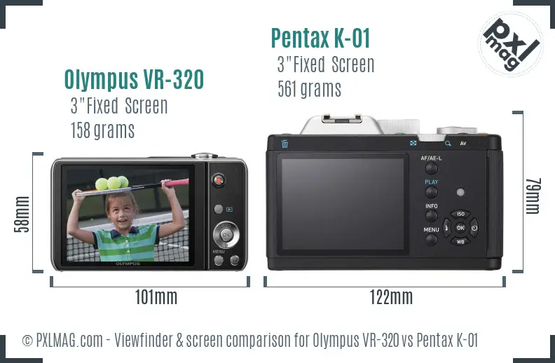 Olympus VR-320 vs Pentax K-01 Screen and Viewfinder comparison