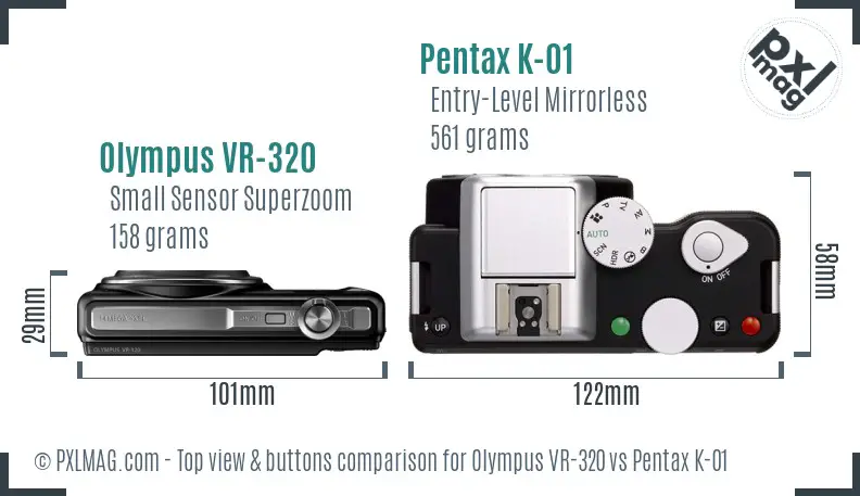 Olympus VR-320 vs Pentax K-01 top view buttons comparison