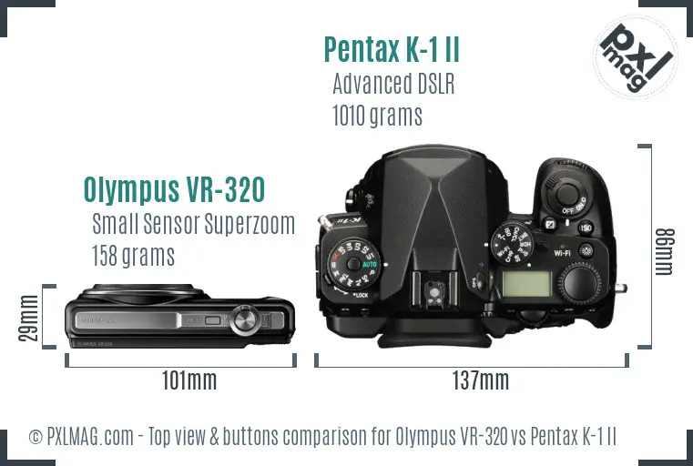 Olympus VR-320 vs Pentax K-1 II top view buttons comparison