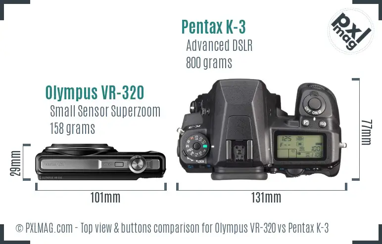 Olympus VR-320 vs Pentax K-3 top view buttons comparison