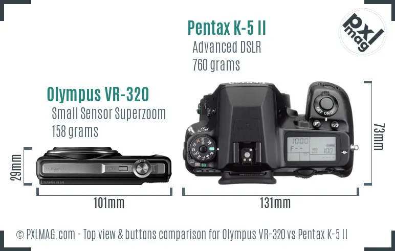 Olympus VR-320 vs Pentax K-5 II top view buttons comparison