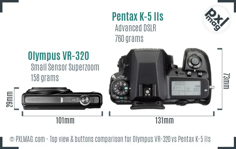 Olympus VR-320 vs Pentax K-5 IIs top view buttons comparison