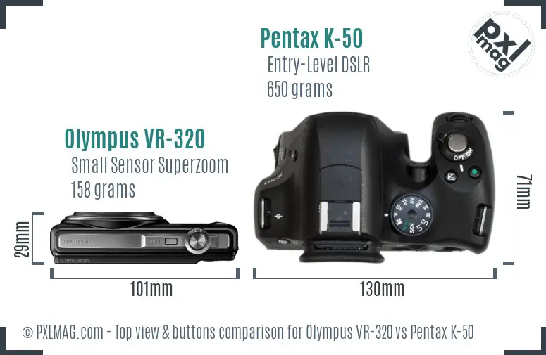 Olympus VR-320 vs Pentax K-50 top view buttons comparison