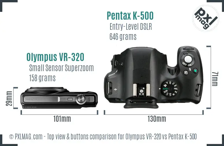 Olympus VR-320 vs Pentax K-500 top view buttons comparison