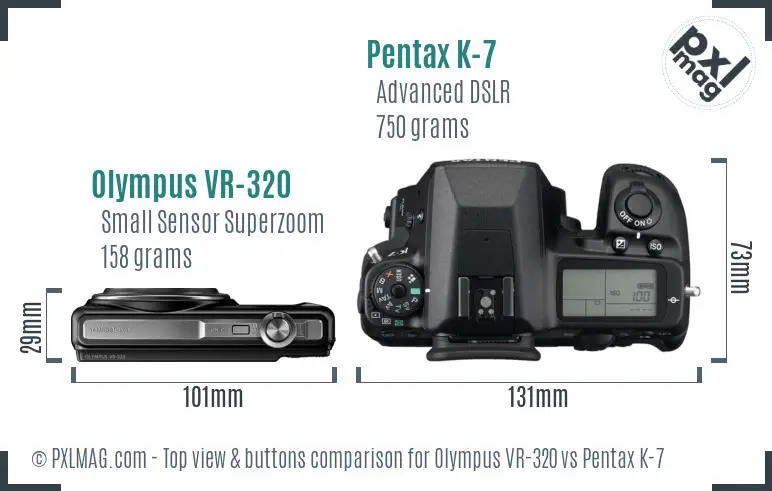 Olympus VR-320 vs Pentax K-7 top view buttons comparison