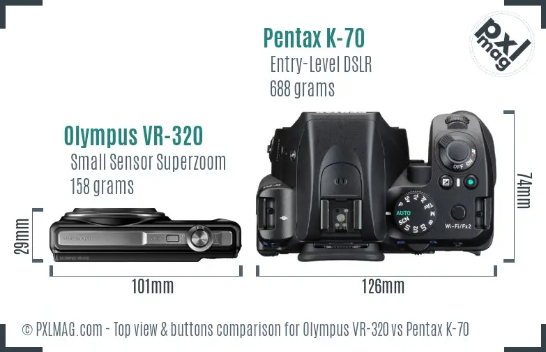 Olympus VR-320 vs Pentax K-70 top view buttons comparison