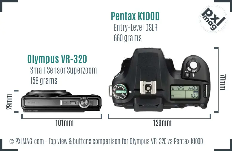 Olympus VR-320 vs Pentax K100D top view buttons comparison