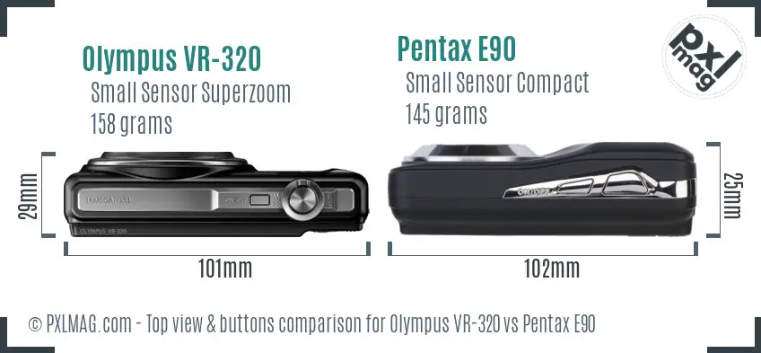 Olympus VR-320 vs Pentax E90 top view buttons comparison