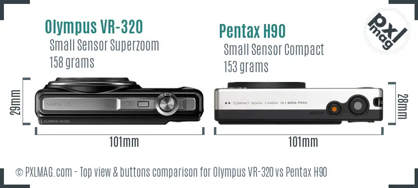 Olympus VR-320 vs Pentax H90 top view buttons comparison
