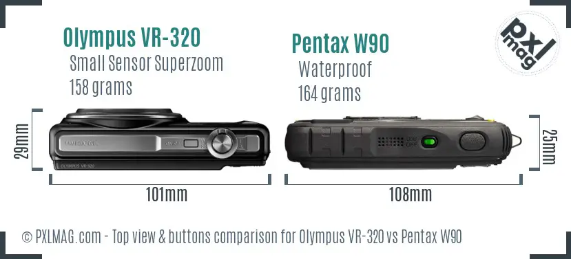 Olympus VR-320 vs Pentax W90 top view buttons comparison