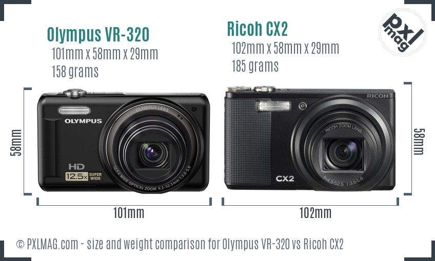 Olympus VR-320 vs Ricoh CX2 size comparison