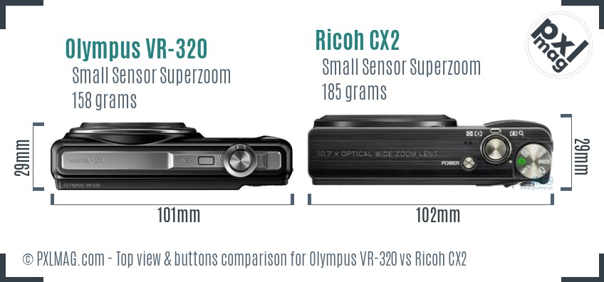 Olympus VR-320 vs Ricoh CX2 top view buttons comparison