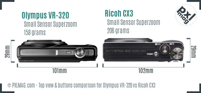 Olympus VR-320 vs Ricoh CX3 top view buttons comparison Olympus VR-320 vs Ricoh CX3 top view buttons comparison