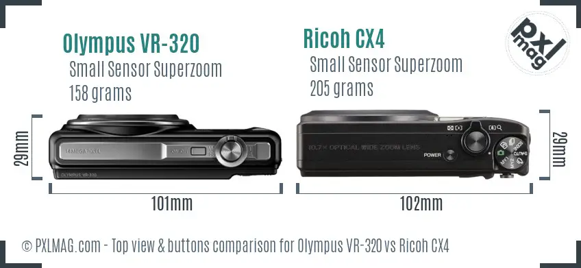 Olympus VR-320 vs Ricoh CX4 top view buttons comparison Olympus VR-320 vs Ricoh CX4 top view buttons comparison